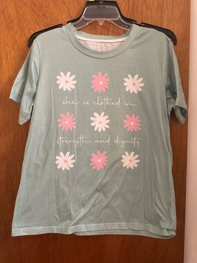 Womens Floral Graphic Tee - Light Mint with Pink & White Flowers
